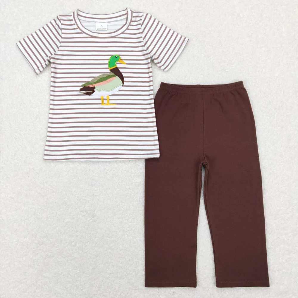 RTS NO MOQ Summer Sibling Baby Boys Duck Brown Embroidery Short Sleeve Stripe Romper Outfits