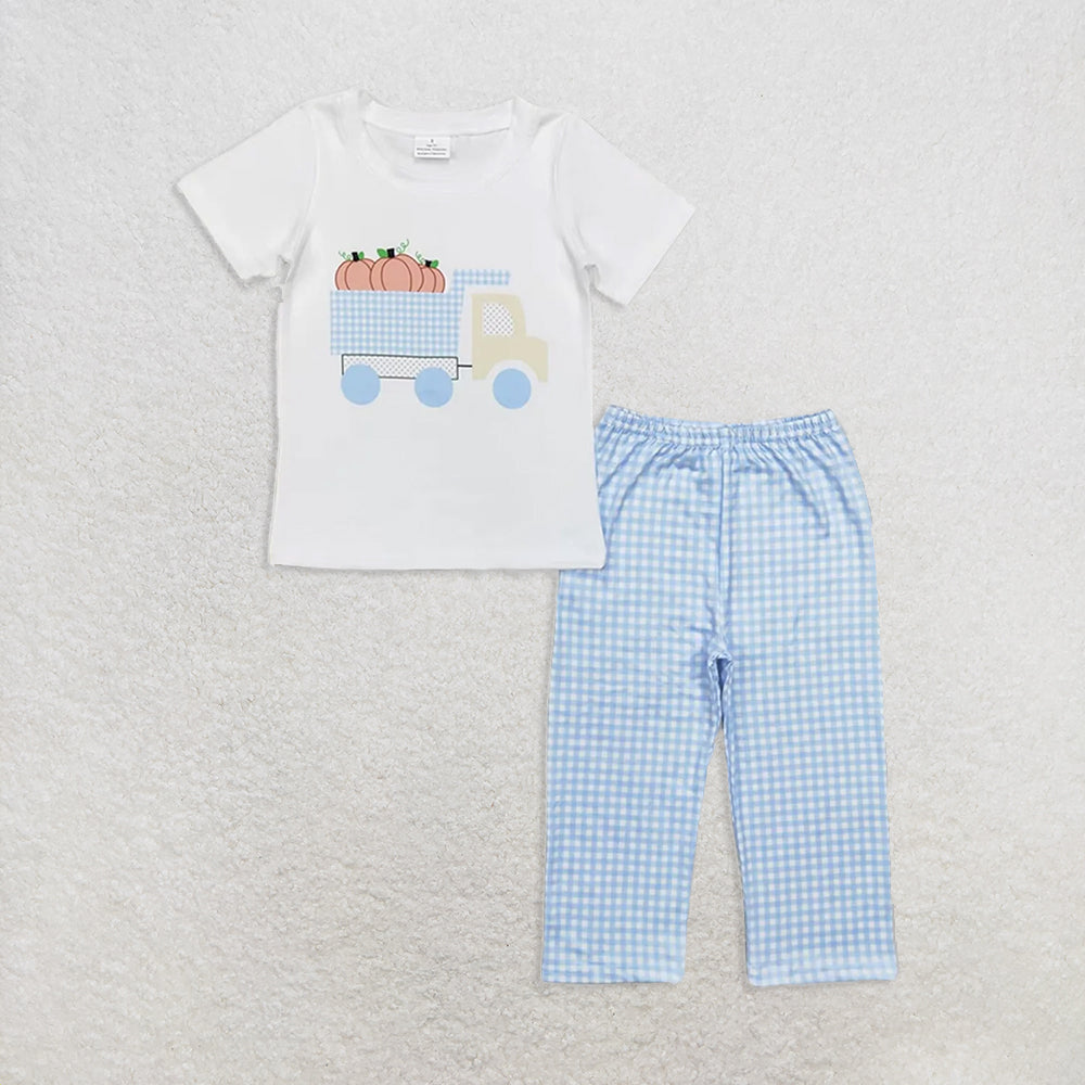 6.23 RTS NO MOQ Baby Boys Summer Sets BSPO0398 Short Sleeve Pumpkin Tractor Top Pants Clothes Sets