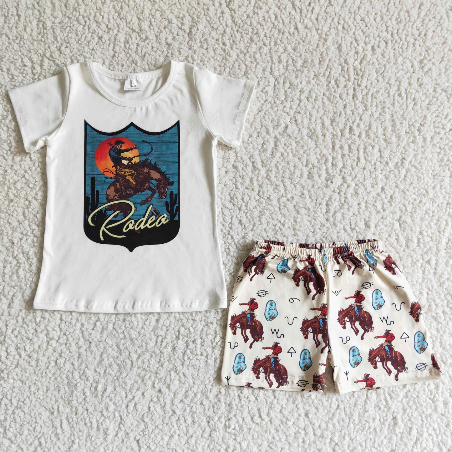 6.14 RTS NO MOQ Baby Boys Summer Sets BSSO0002 Rodeo White Shirt Horse Print Shorts