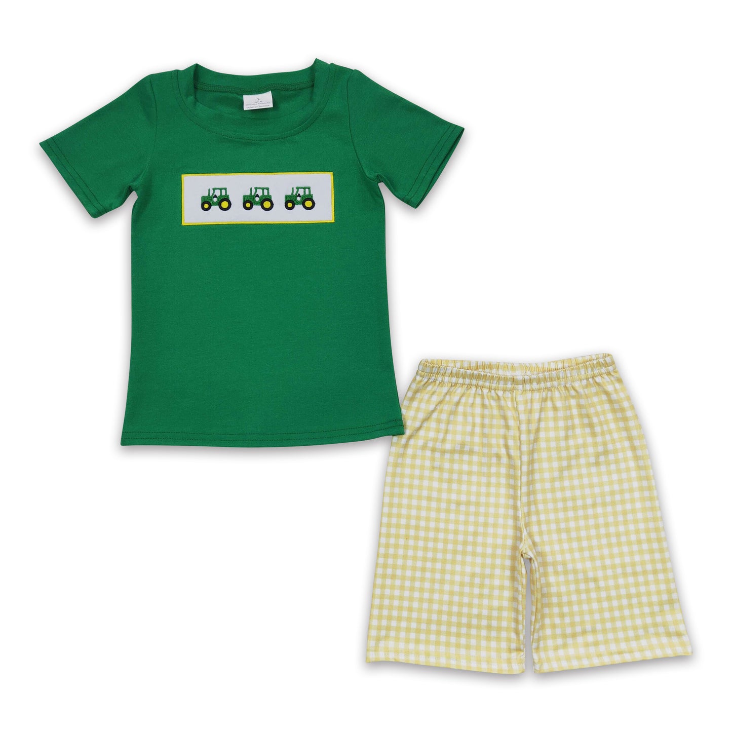 5.17 RTS NO MOQ Baby Boys Summer Sets BSSO0126 Green Tractor Embroidery Cotton shorts sets