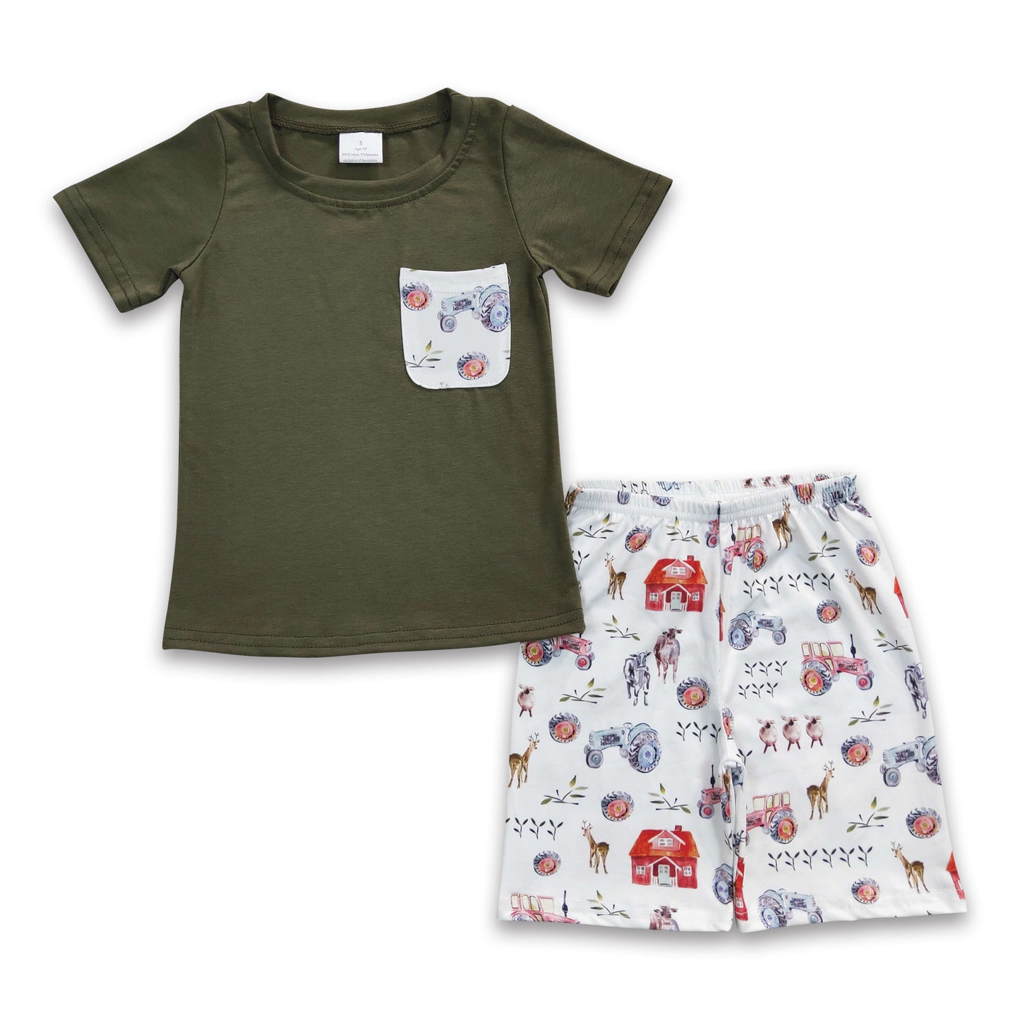 5.17 RTS NO MOQ Baby Boys Summer Sets BSSO0131 Farm Green Top Pocket Summer Shorts Clothes Sets