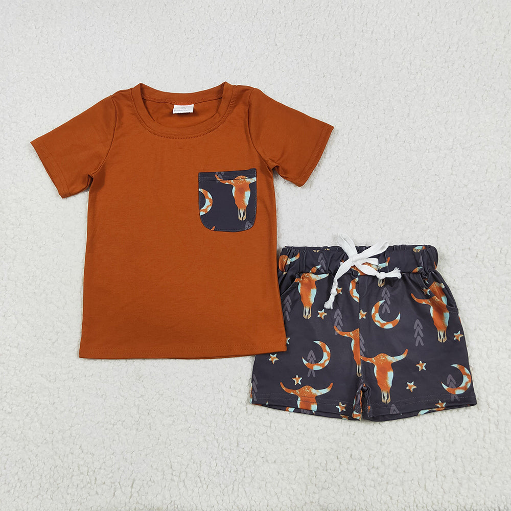 6.5 RTS NO MOQ Baby Boys kids Summer Sets BSSO0758 Brown Shirt Top Cow Stars Western Shorts Clothes Sets