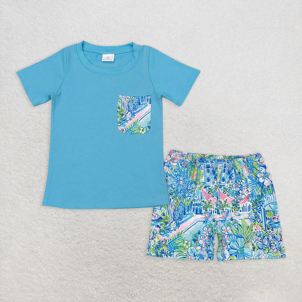 RTS NO MOQ Baby Boys kids Summer Sets BSSO0840 Blue Short Sleeve Tee Shirts Tops Flowers Shorts Clothes Sets