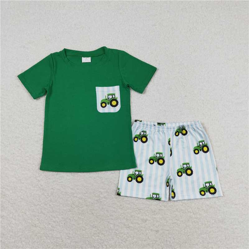 RTS NO MOQ Summer Sibling Baby Girls Boys Tractors Rompers Clothes Sets