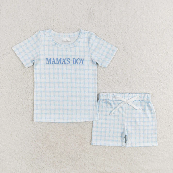 RTS NO MOQ Summer Sibling Baby Boys Mama's Boy Checkered Polka Dots Tops Shorts Clothes Sets