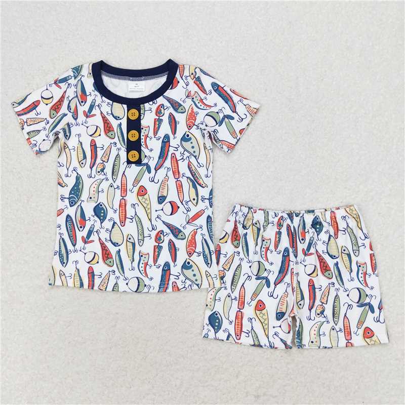 RTS NO MOQ Baby Boys kids Summer Sets BSSO0987 Fishing Short Sleeve Shirt Shorts Pajamas Clothes Sets