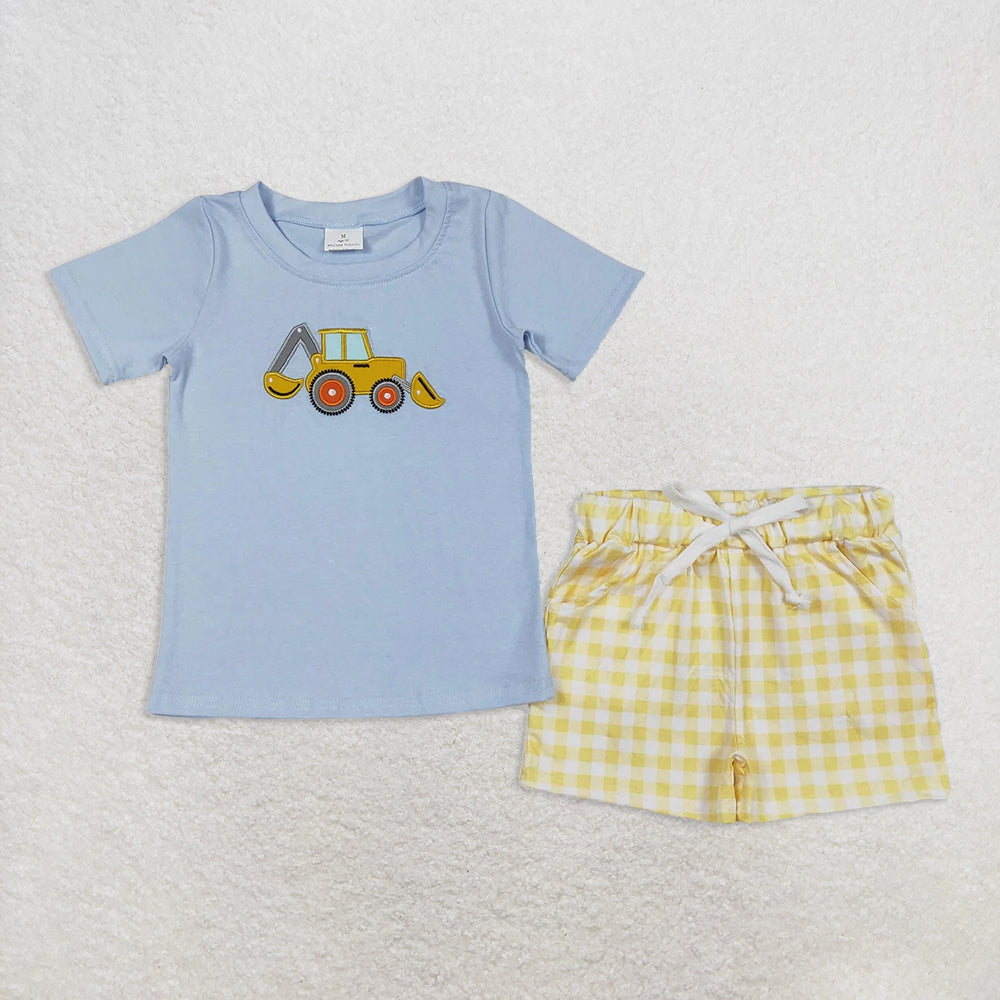 6.16 RTS NO MOQ Baby Boys kids Summer Sets BSSO1117 Digger Embroidery Shirt Checkered Shorts Clothes Sets