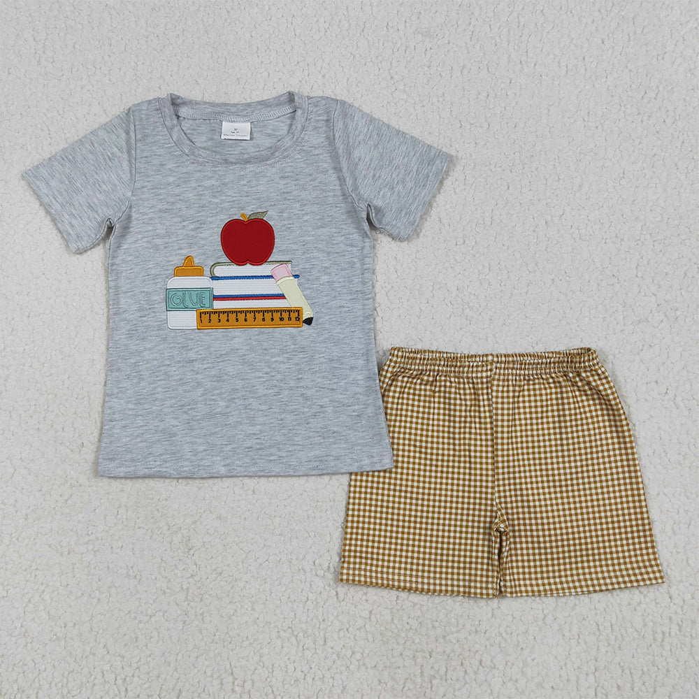 6.23 RTS NO MOQ Baby Boys kids Summer Sets BSSO1281 Apple Back To School Books Shirt Shorts Sets