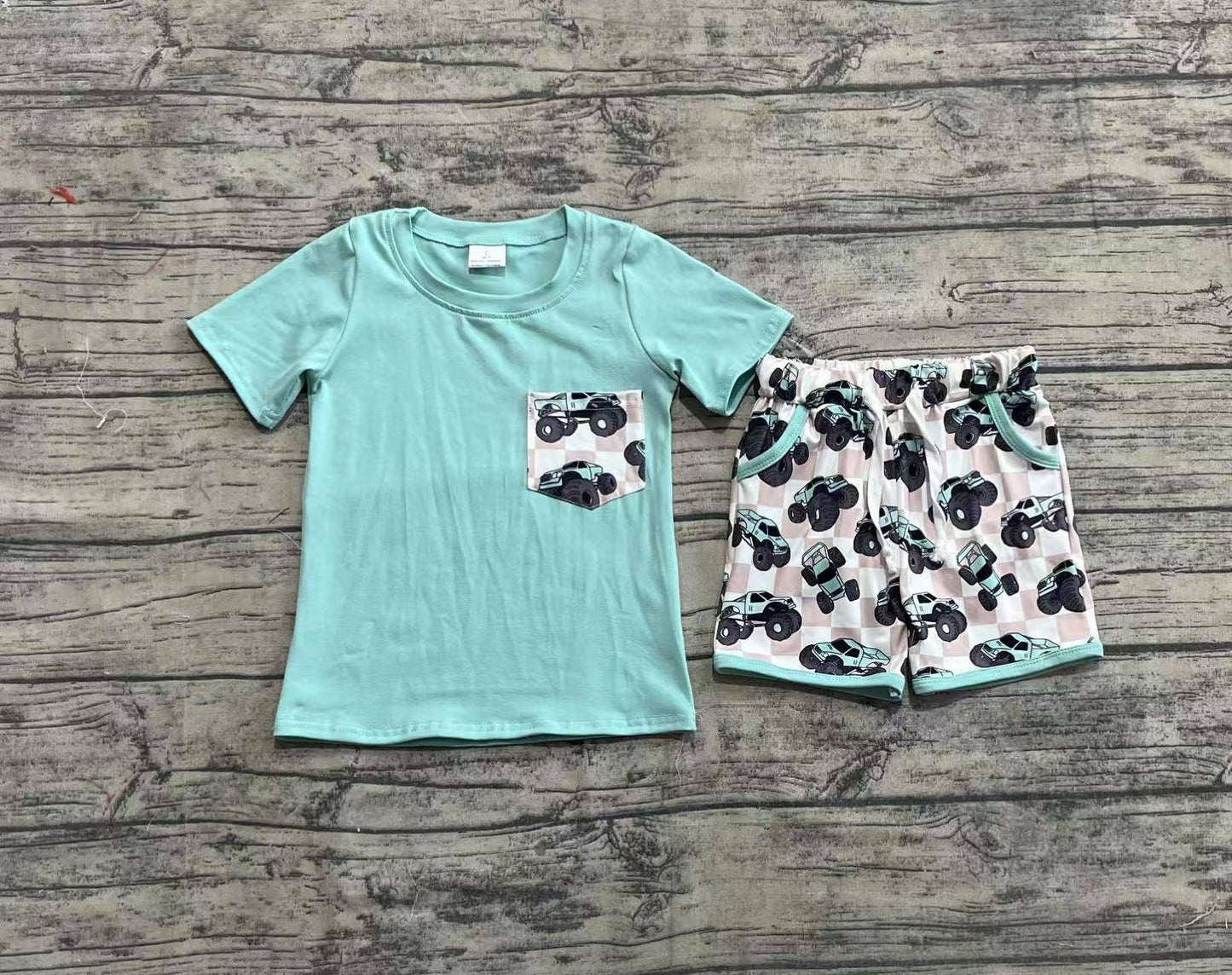 3.31 BSSO1316 Baby Boys Light Green Pocket Top Khaki Trucks Shorts Clothes Sets Pre order
