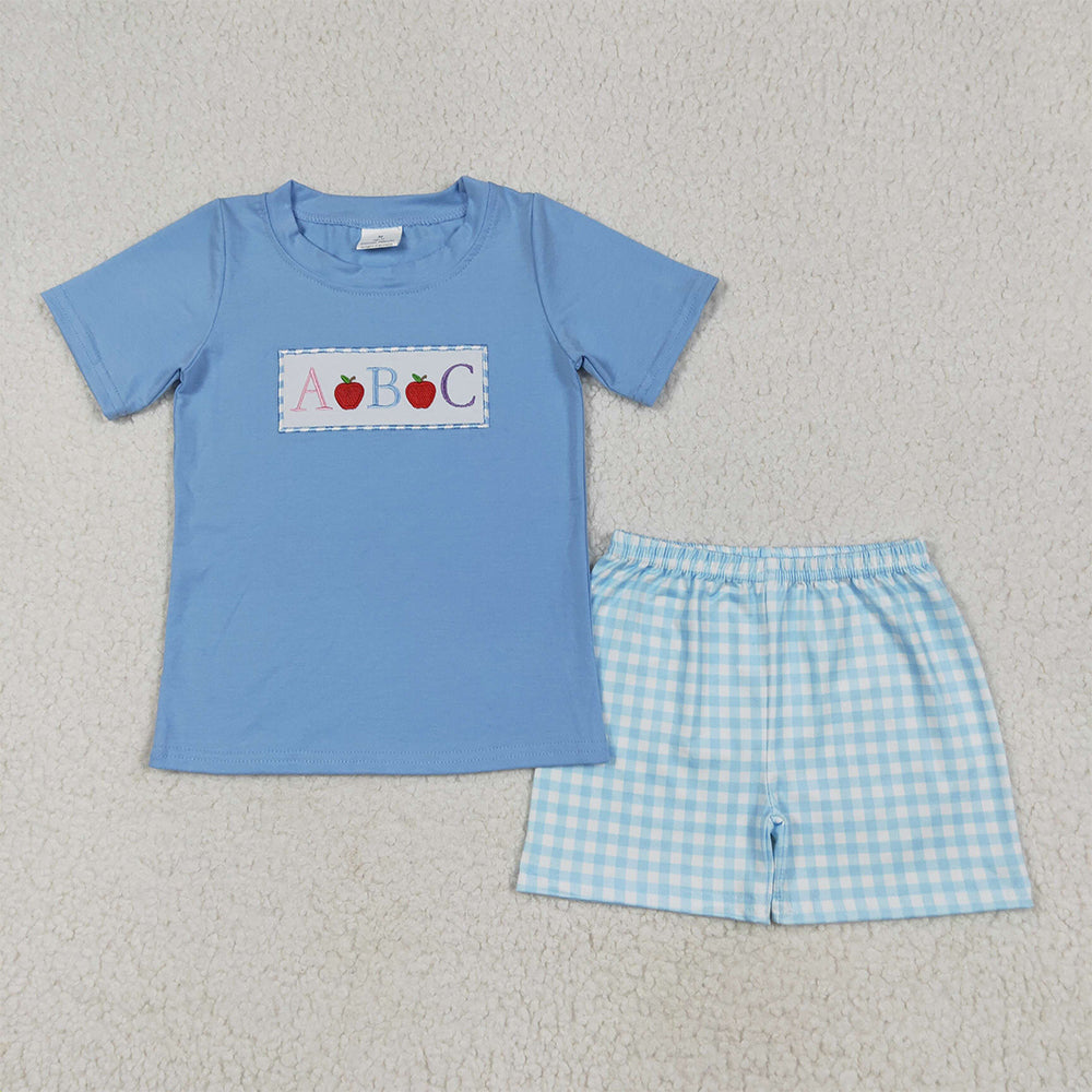 6.7 RTS NO MOQ Baby Boys kids Summer Sets BSSO1331 Blue Embroidery Apple ABC Top Plaid Shorts Back To School Clothes Sets