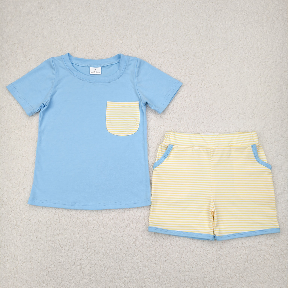 RTS NO MOQ Baby Boys kids Summer Sets BSSO1393 Blue Pocket Top Stripes Pockets Shorts Clothes Sets