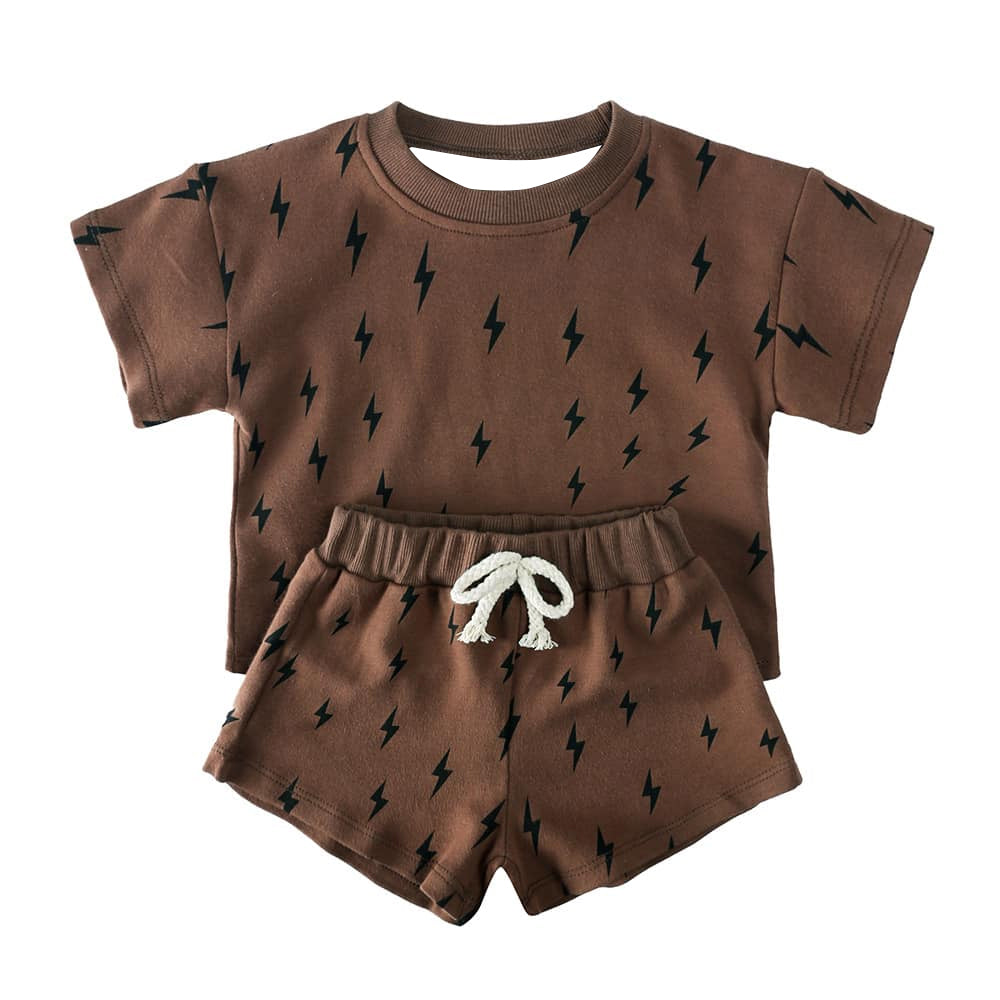 4.15 BSSO1425 Baby Boys Dark Brown Short Sleeves Lightning Top Short Pajamas Set Pre order