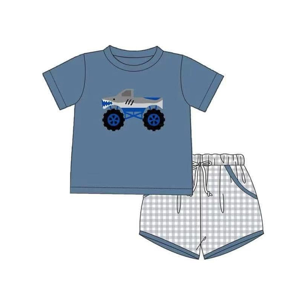 4.15 BSSO1430 Baby Boys Hot Blue Short Sleeves Shark Truck Top Gray Plaid Pockets Short Set Pre order