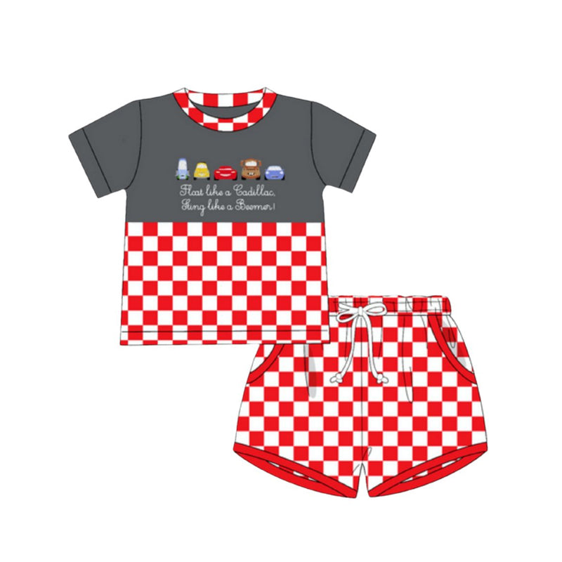 4.7 BSSO1462 Baby Boys Cartoon Cars Top Red Plaid Pockets Short Set Pre order