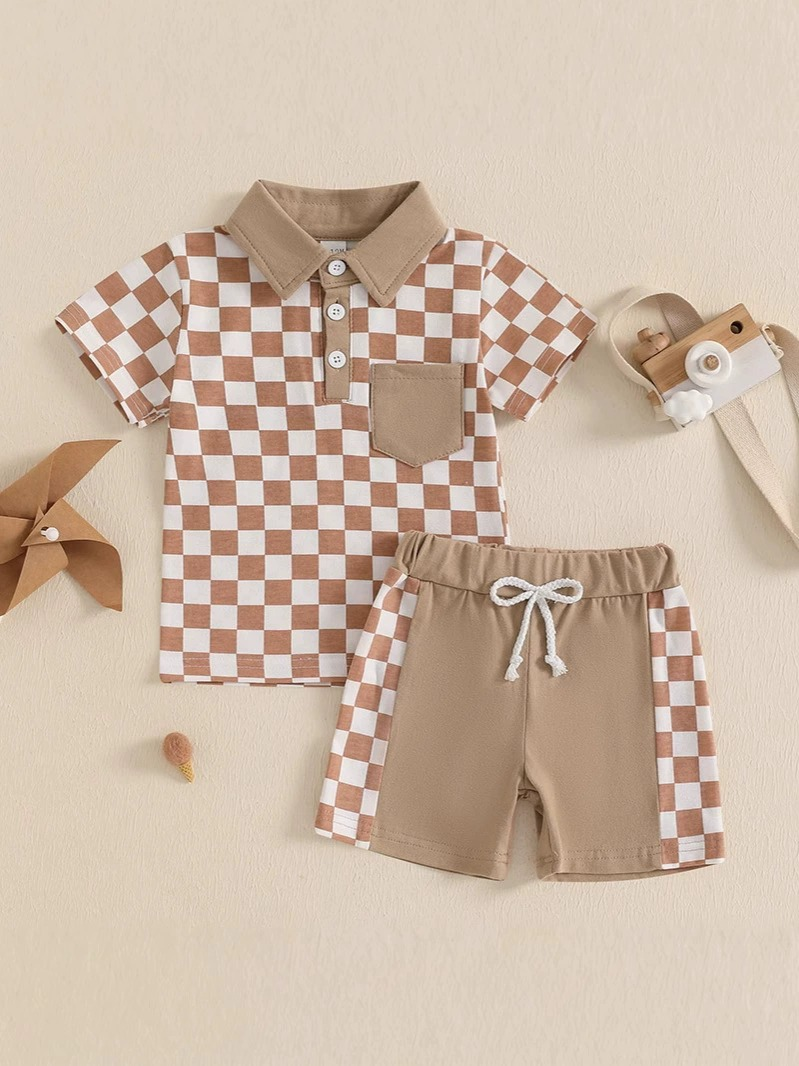 3.28 BSSO1471 Baby Boys Khaki Plaid Button Pocket Top Short Set Pre order
