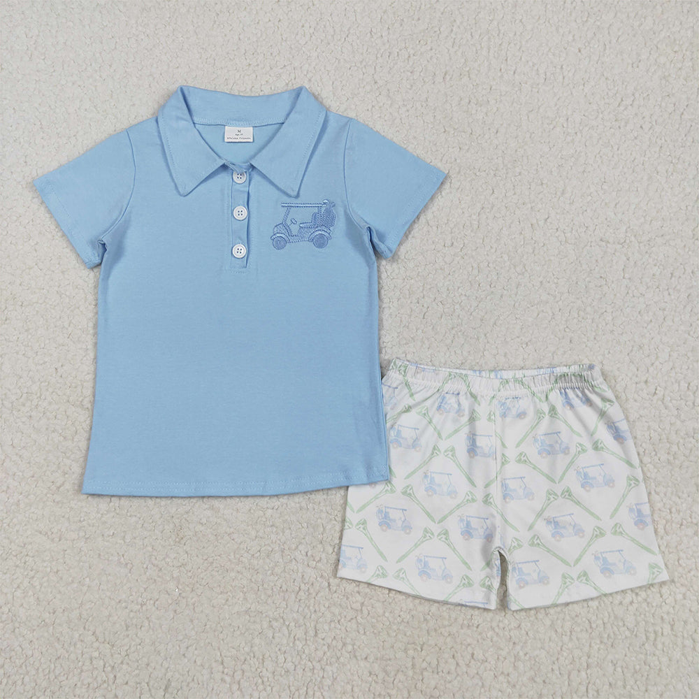 RTS NO MOQ Baby Boys kids Summer Sets BSSO1494 Embroidery Blue Short Sleeves Button Golf Top Pocket Shorts Sets