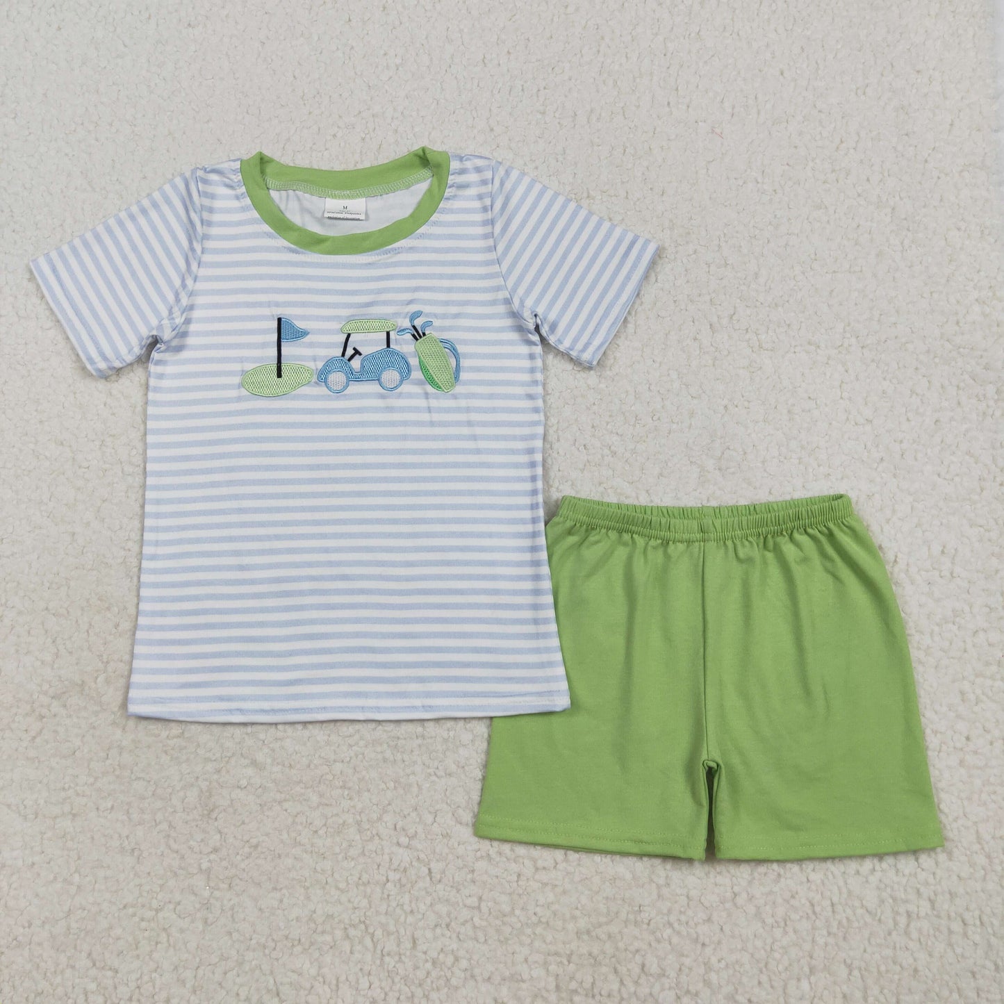 7.18 RTS NO MOQ Baby Boys kids Summer Sets BSSO1504 Blue Stripe Short Sleeves Golf Top Green Short Sets