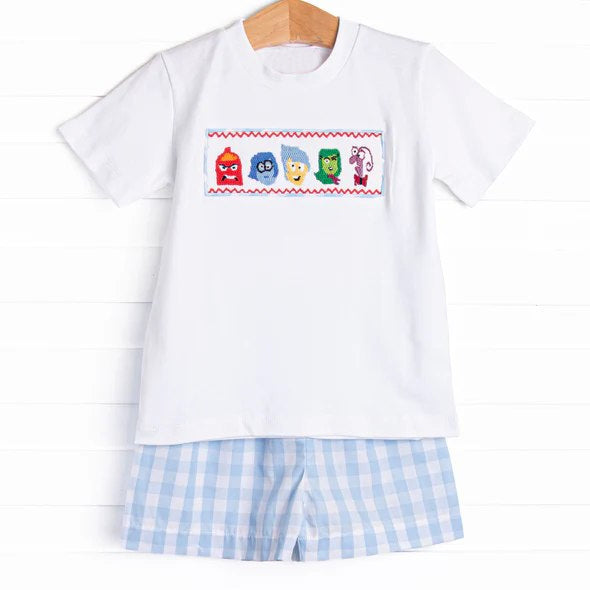 4.17 BSSO1516 Baby Boys Short Sleeves Cartoon Dolls Top Blue Plaid Short Set Pre order