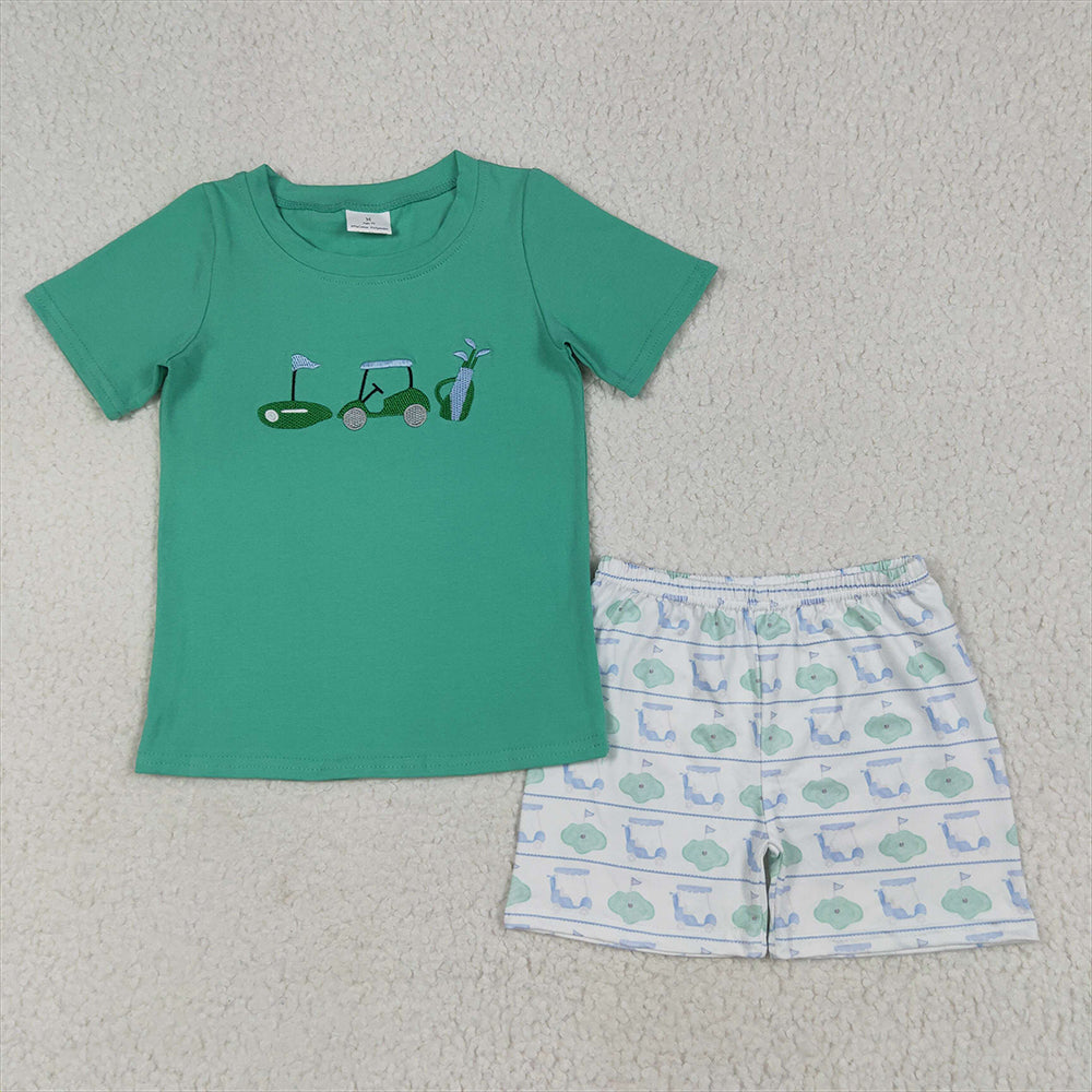 7.1 RTS NO MOQ Baby Boys kids Summer Sets BSSO1540 Green Short Sleeves Golf Truck Top Short Sets