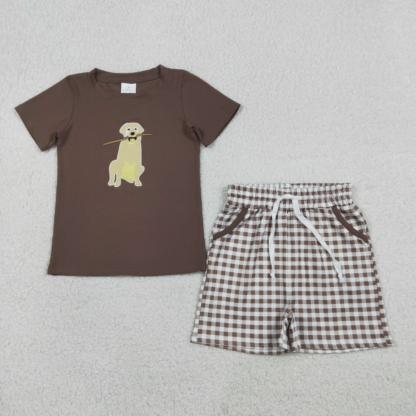 Sibling Baby Boys Short Sleeves Embroidery Dogs Ducks Shirts Plaid Pockets Shorts Hunting Summer Sets