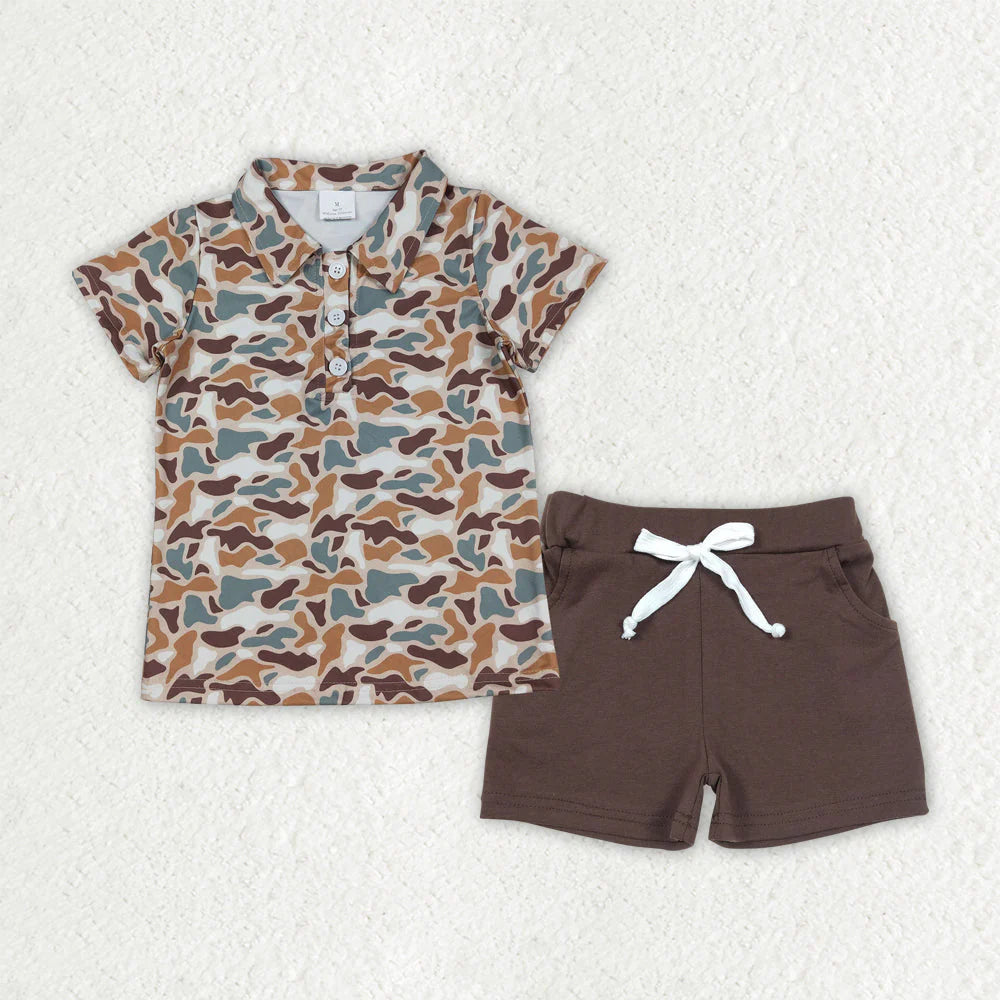RTS Baby Boys Short Sleeves Camo Buttons Shirt Brown Pockets Shorts Hunting Clothes Set