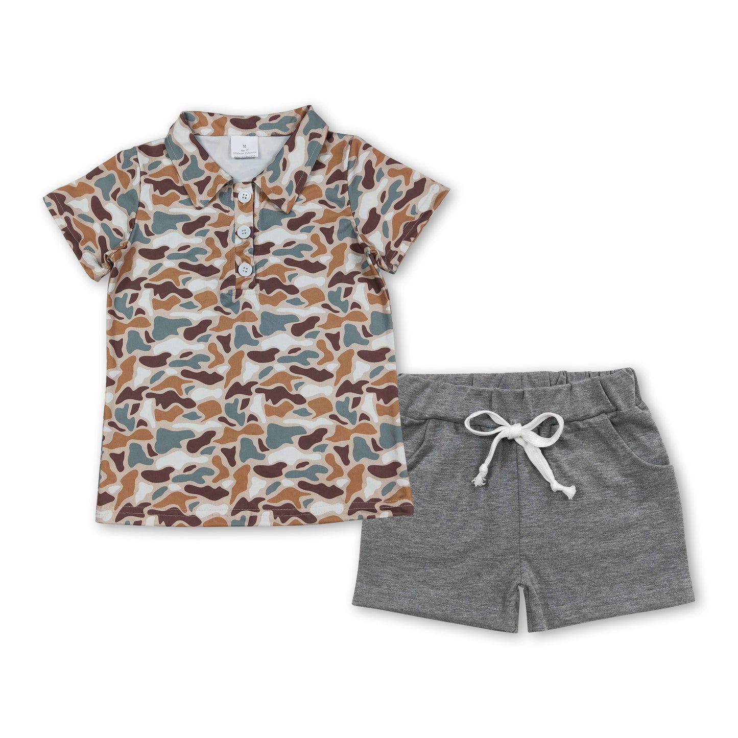 RTS Baby Boys Short Sleeves Camo Buttons Shirt Grey Pockets Shorts Hunting Clothes Set