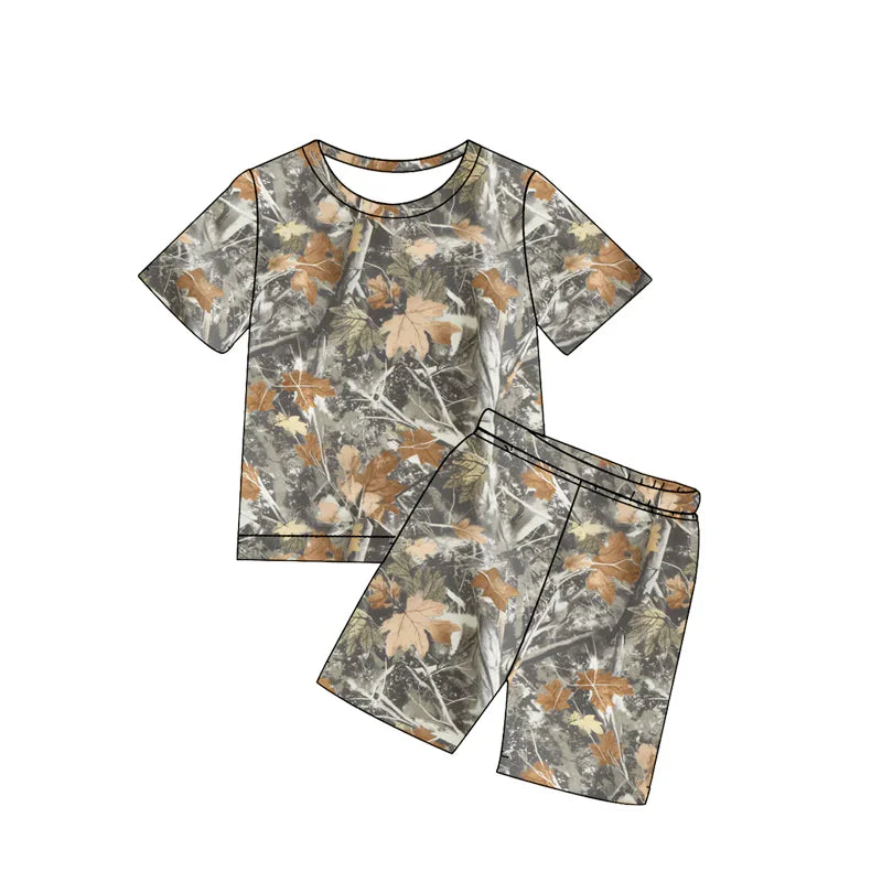 ( Moq 5 ) Preorder Baby Boys Kids Short Sleeves Leaves Camo Shirt Shorts Set Summer Clothes