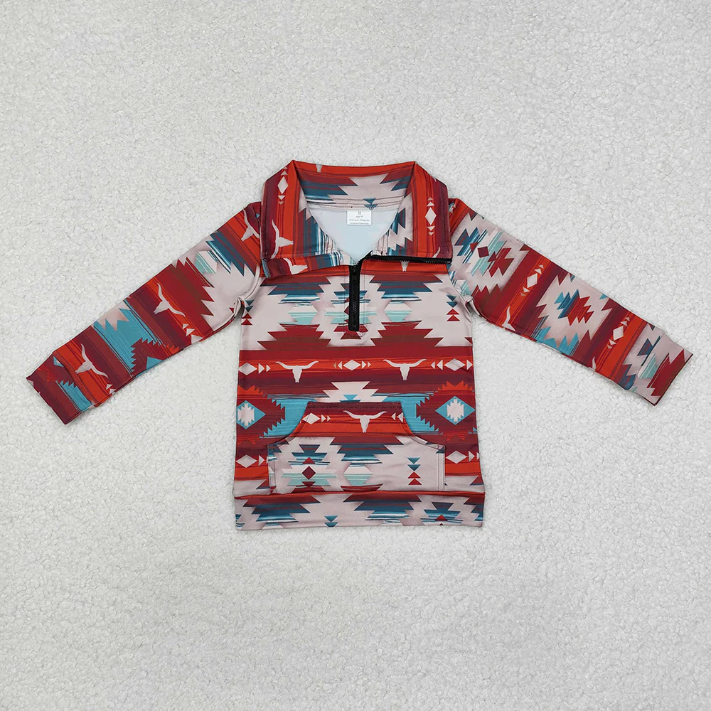 RTS NO MOQ Sibling Baby Boys Long Sleeve Western Aztec Zip Quater Pullovers Tops
