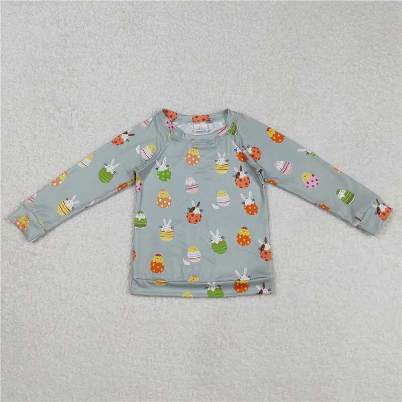 5.24 RTS NO MOQ Sibling Baby Boys Long Sleeve Easter Green Rabbits Eggs Long Sleeve Tops