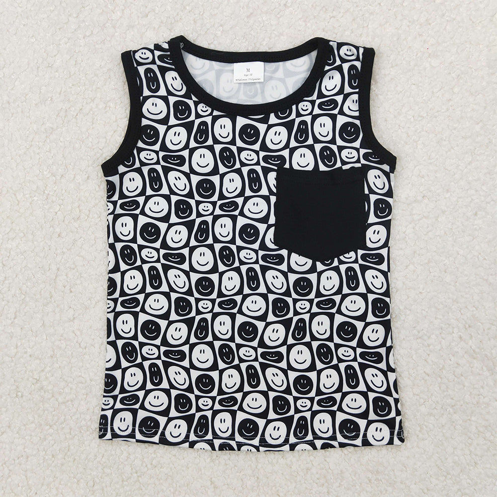 RTS NO MOQ Summer Baby Boys Shirt Black Smile Pocket Sleeveless Tops
