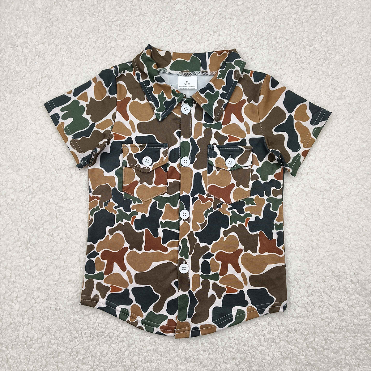 RTS NO MOQ Summer Baby Boys Shirt BT1200 Dark Brown Camo Short Sleeves Button Pockets Tops