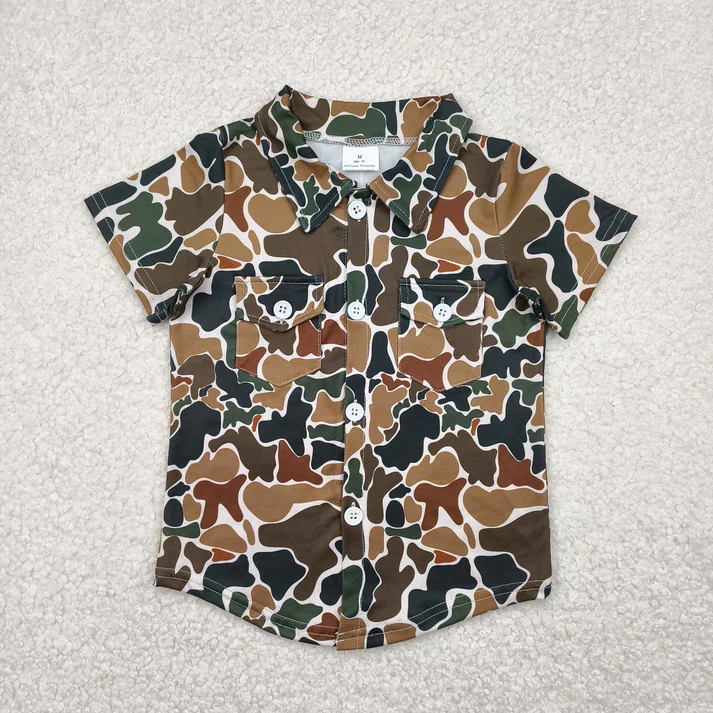 RTS NO MOQ Summer Sibling Baby Boys Western Camo Short Sleeves Button Pockets Shirts Tops