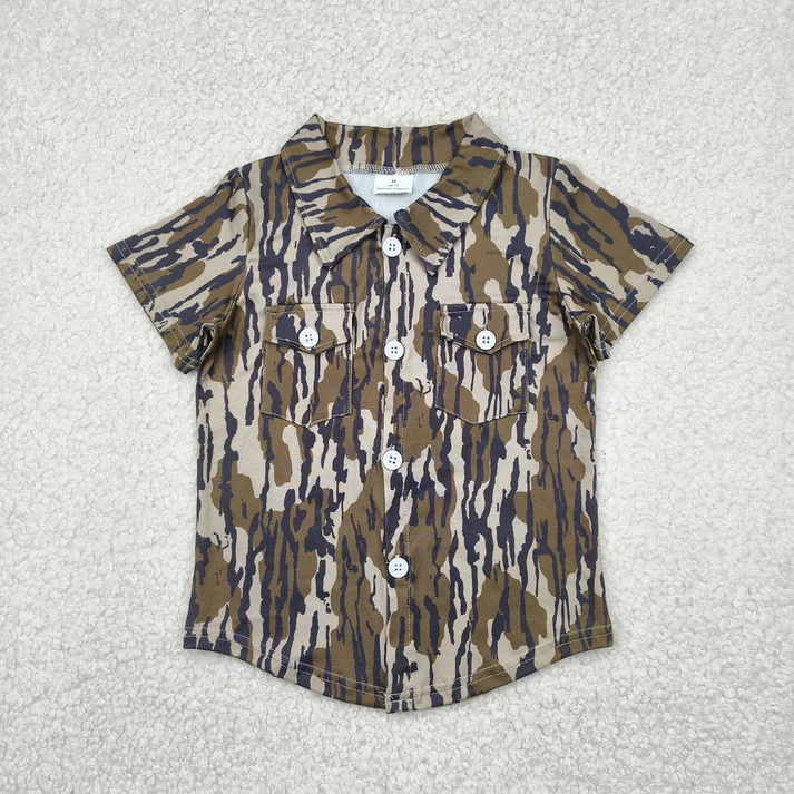 RTS NO MOQ Summer Sibling Baby Boys Western Camo Short Sleeves Button Pockets Shirts Tops