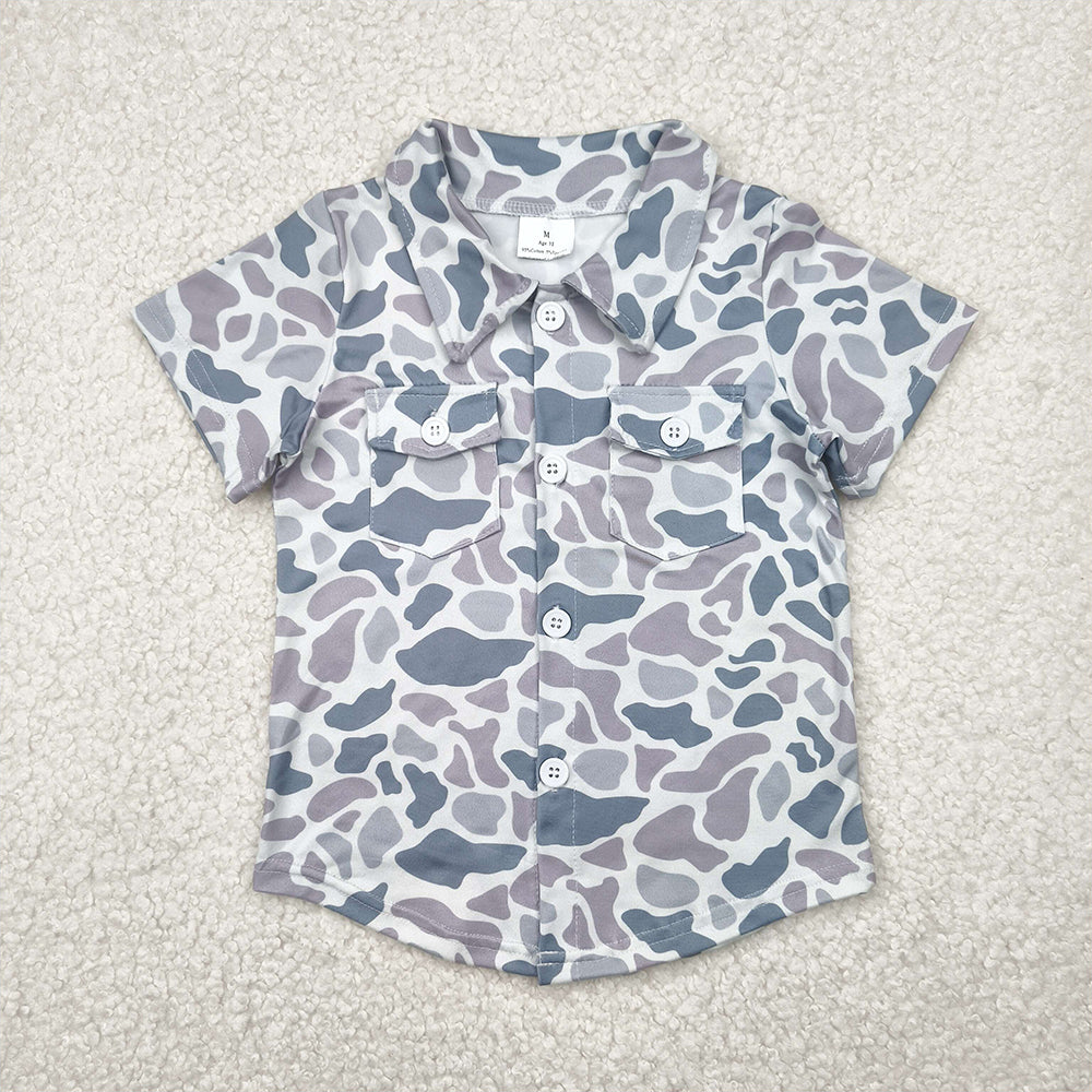 RTS NO MOQ Summer Baby Boys Shirt BT1202 Gray Camo Short Sleeves Button Pockets Shirts Tops