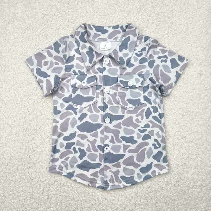 RTS NO MOQ Summer Sibling Baby Boys Western Camo Short Sleeves Button Pockets Shirts Tops