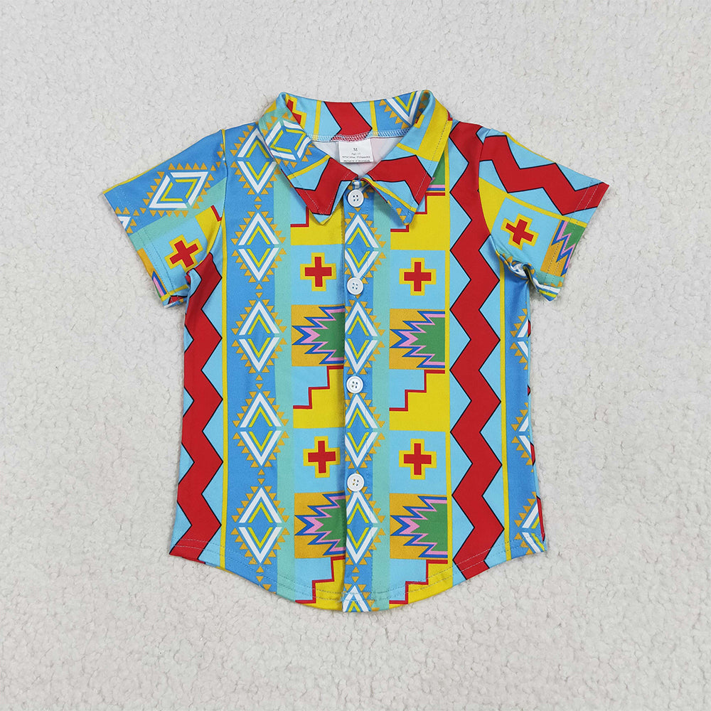RTS NO MOQ Summer Baby Boys Shirt BT1225 Short Sleeves Colorful Aztec Print Button Shirts Tops