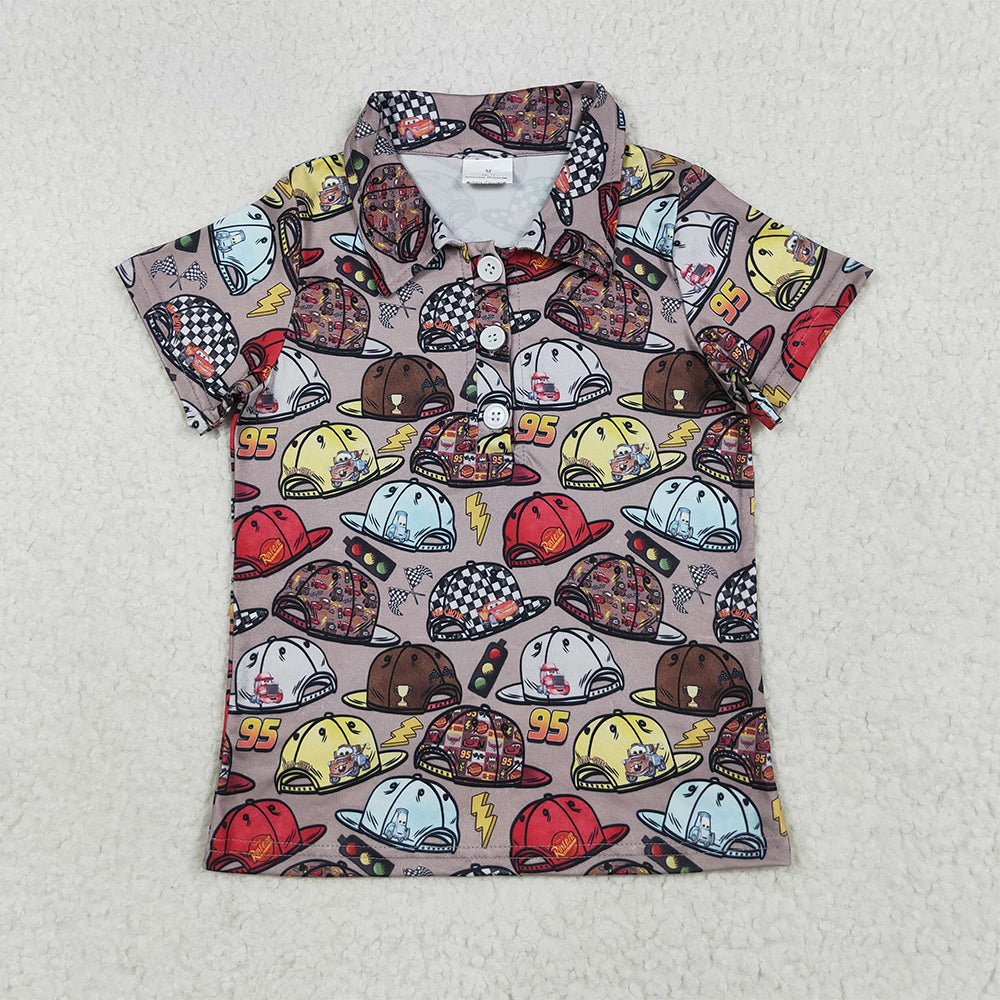 7.15 RTS NO MOQ Summer Baby Boys Shirt BT1228 Brown Short Sleeves Button Cartoon Hats Polo Shirts Top
