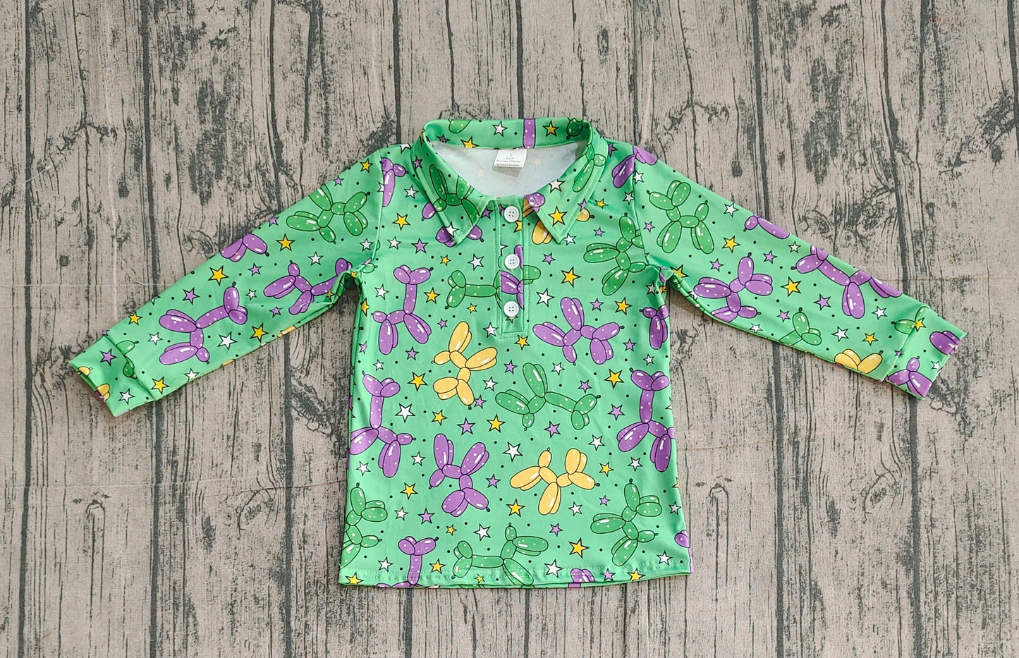 RTS Baby Boys Kids Green Long Sleeves Balloons Mardi Gras Buttons Shirt Tops