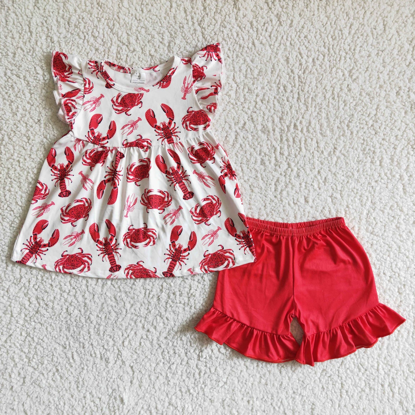 RTS NO MOQ Baby Girls Summer Sets C0-27 Crawfish Crab Print Flutter Sleeve Red Tunic Ruffle Shorts Sets