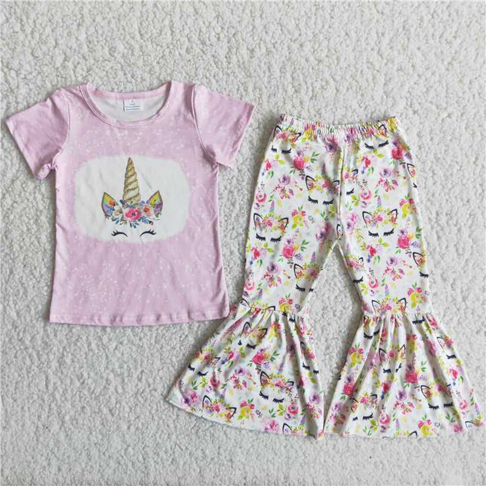 6.10 RTS NO MOQ Baby Girls Summer Sets C0-9 Pink Short Sleeve Unicorn Bell Bottom Sets