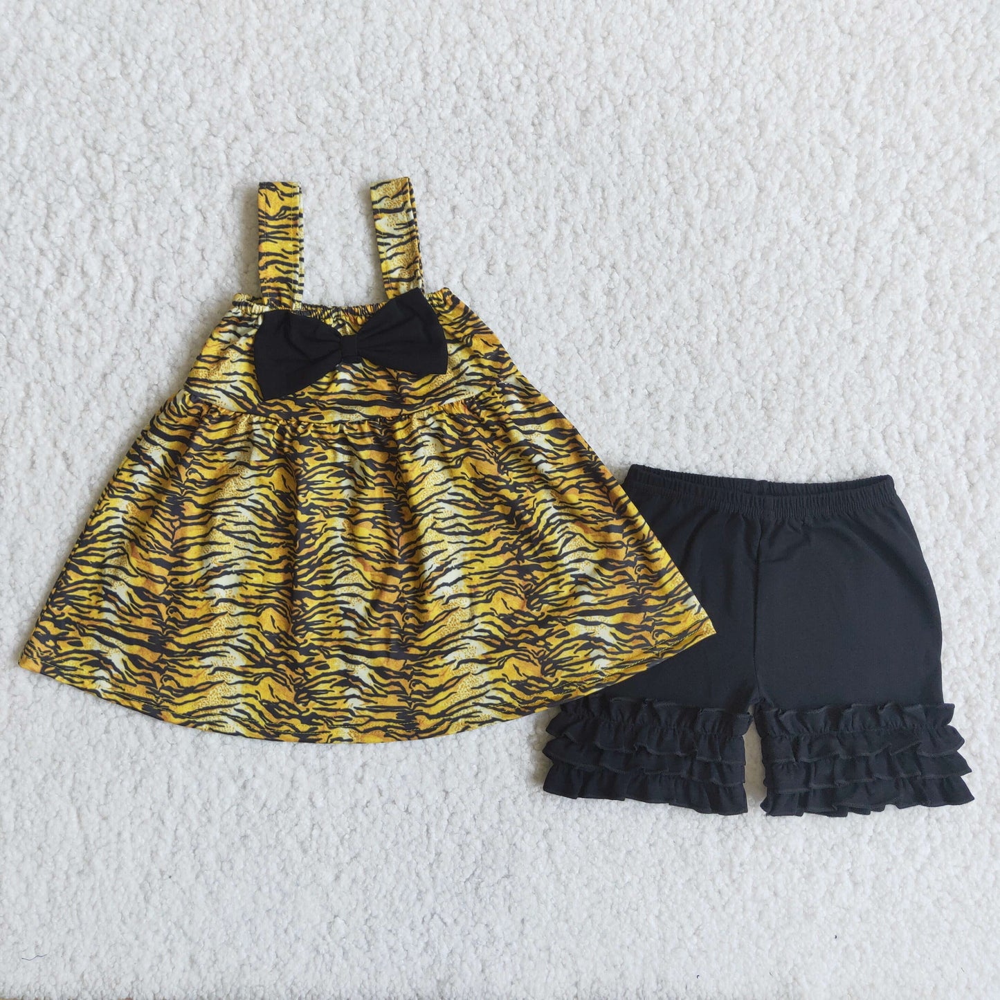 6.28 RTS NO MOQ Baby Girls Summer Sets C14-38 Tiger Print Ruffle Shorts Sets