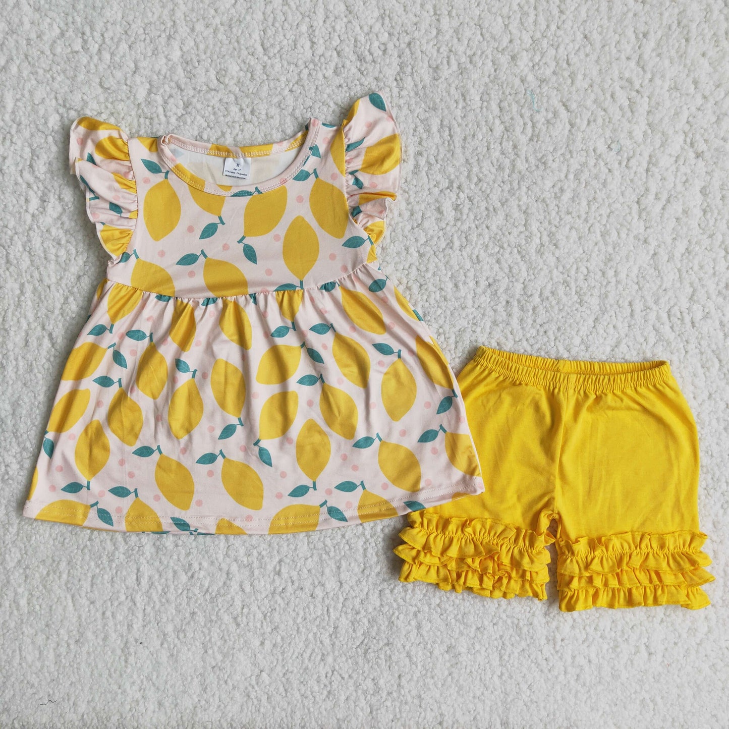 7.12 RTS NO MOQ Baby Girls Summer Sets C15-37 Yellow Lemon Puffy Sleeves Ruffles Shorts Set