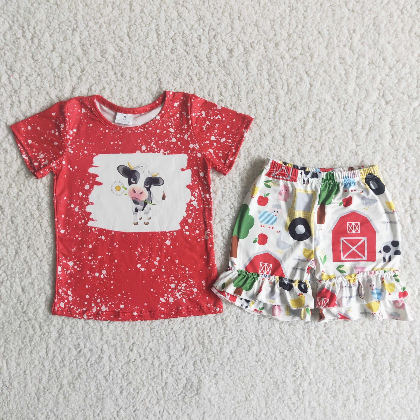 6.28 RTS NO MOQ Baby Girls Summer Sets C15-5 Red T-shirt Cow Exquisite Ruffles Shorts Sets