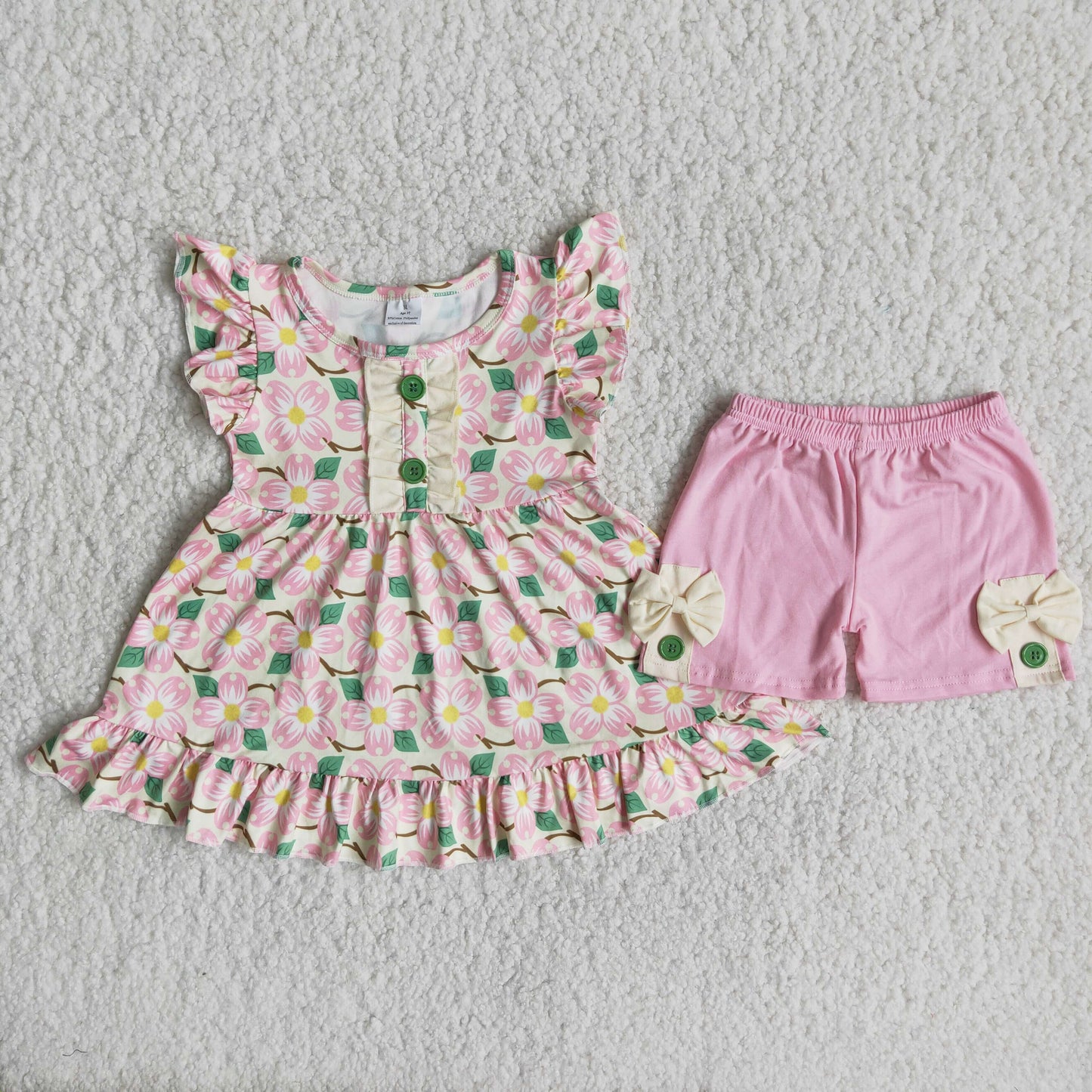 7.26 RTS NO MOQ Baby Girls Summer Sets C16-19 Pink Quatrefoil Ruffle Shorts Sets