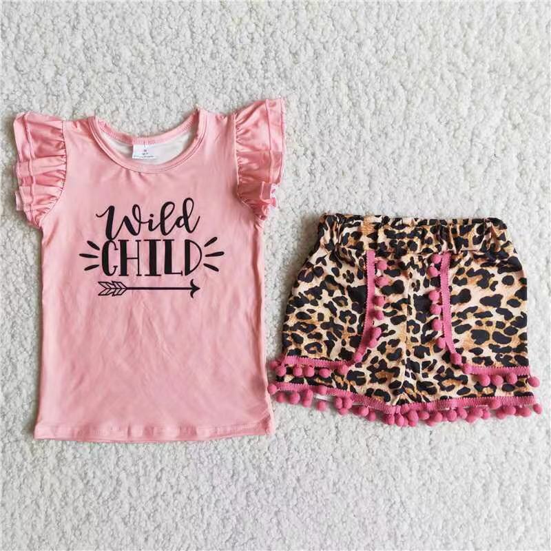 5.17 RTS NO MOQ Baby Girls Summer Sets C3-3 Wild Pink Pompom Leopard Shorts Sets