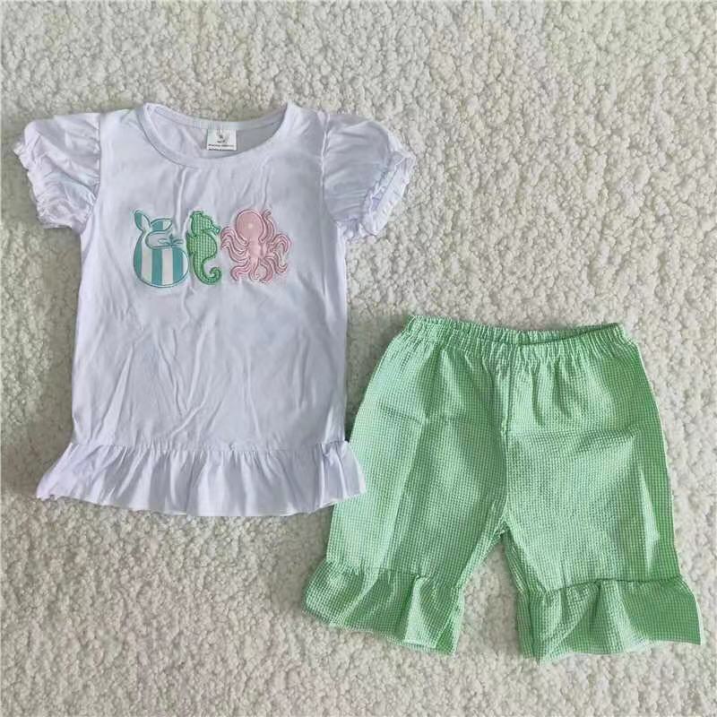 5.17 RTS NO MOQ Baby Girls Summer Sets C6-21 Whale Octopus Shirt Checkered Shorts Sets