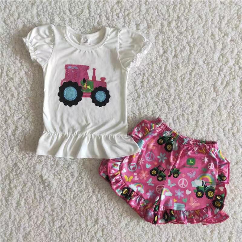 7.19 RTS NO MOQ Baby Girls Summer Sets C8-4 Pink Tractor Ruffles Shorts Sets