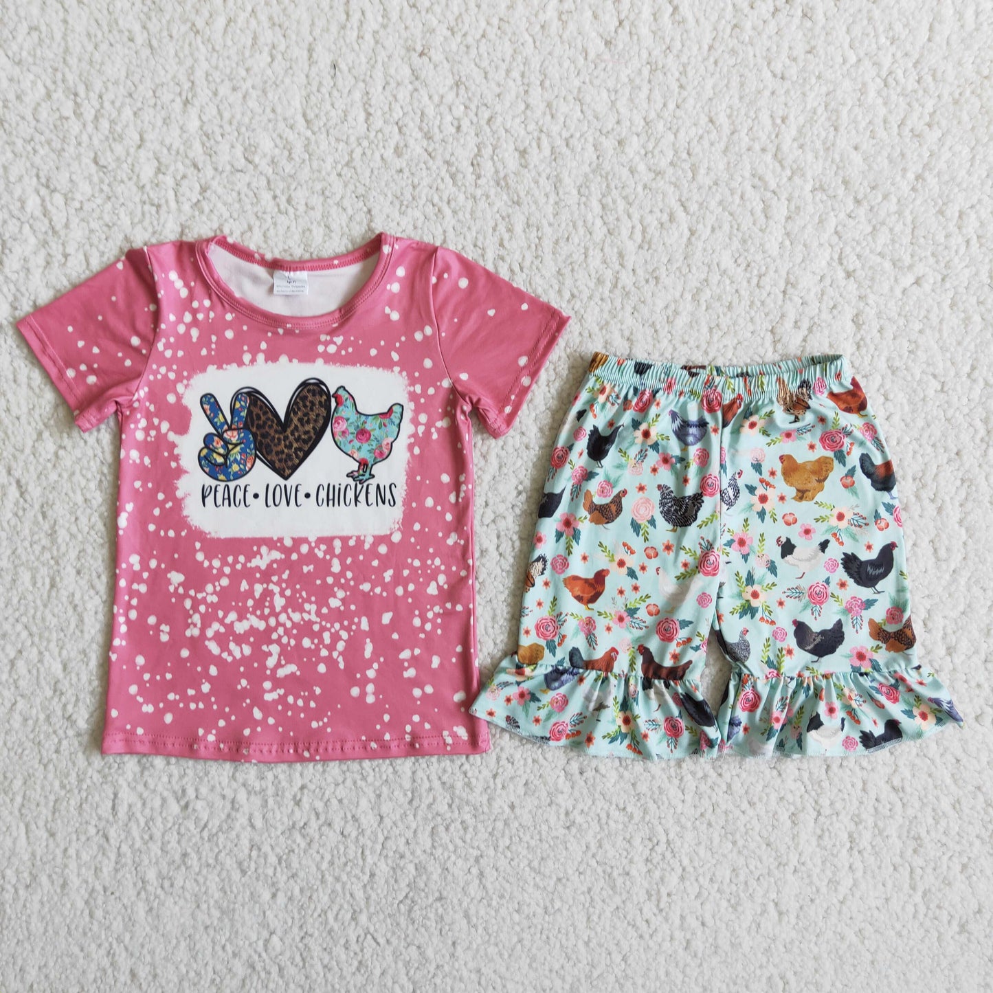 7.12 RTS NO MOQ Baby Girls Summer Sets D10-14 Pink Chicken LOVE Shorts Sets