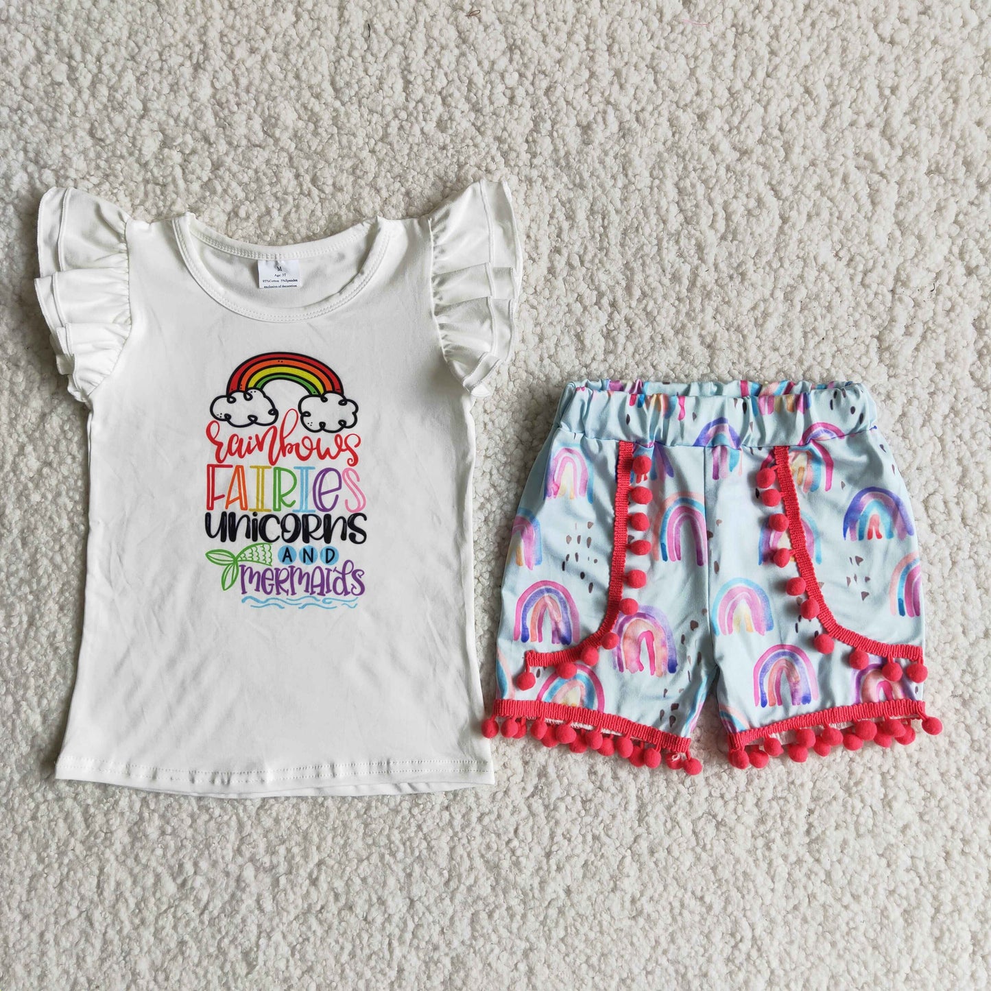 7.26 RTS NO MOQ Baby Girls Summer Sets D11-29 Rainbow Letter Pompom Exquisite Ruffles Shorts Sets