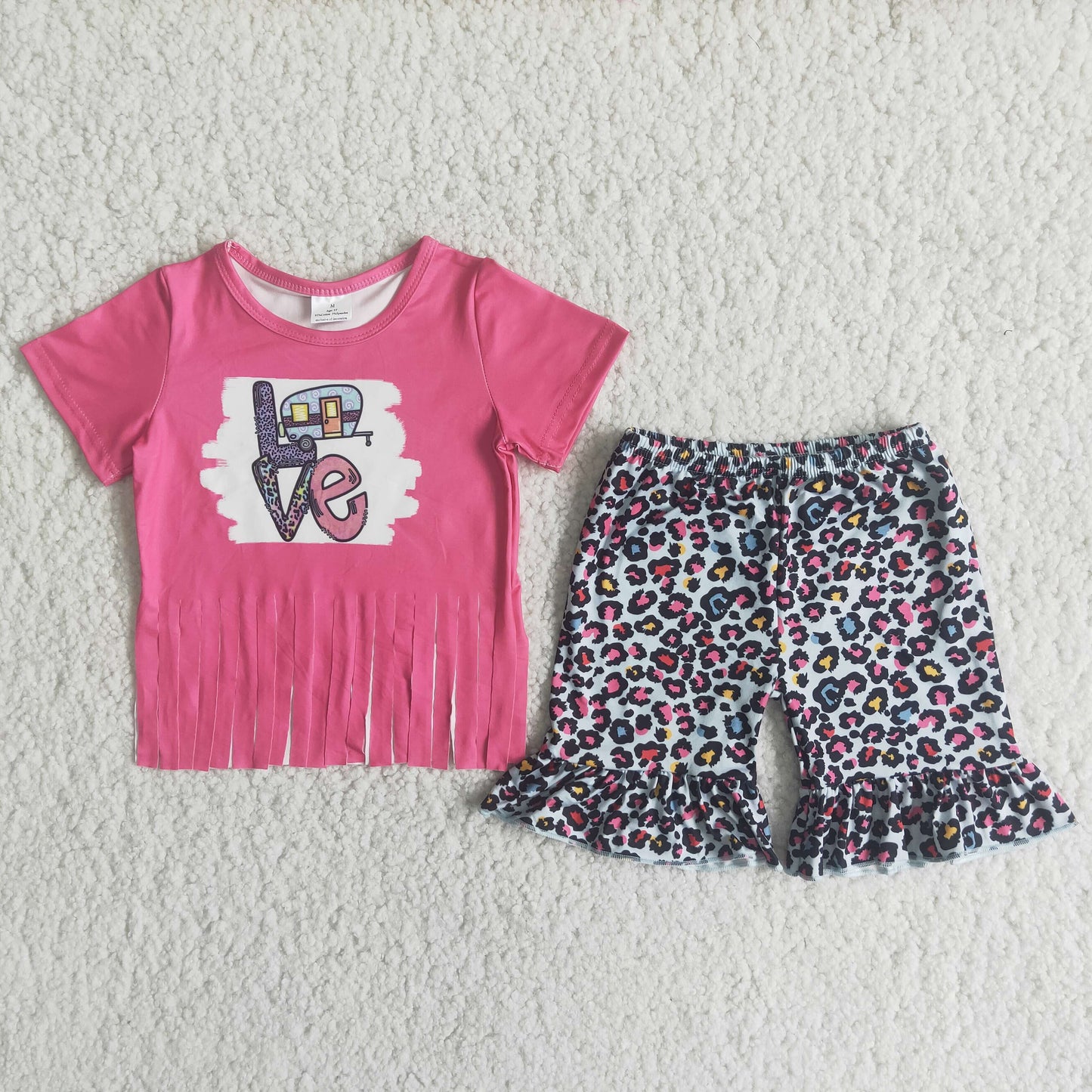 7.26 RTS NO MOQ Baby Girls Summer Sets D12-30 Tassels Pink Leopard Ruffles Shorts Sets